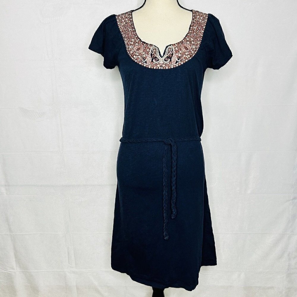 Lucky Brand Knit Dress Navy Blue Braided Belt Short Boho Cap Sleeve Sz M